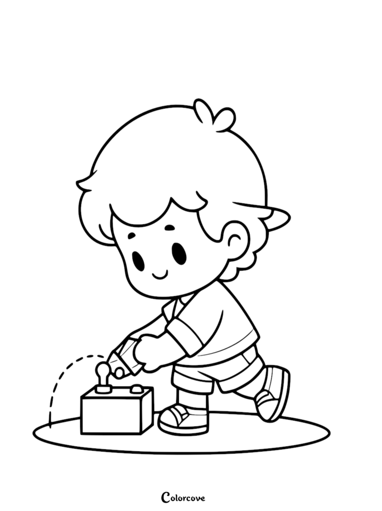 A simple line art coloring page of a young boy holding a battery and connecting it to a small box with a switch.