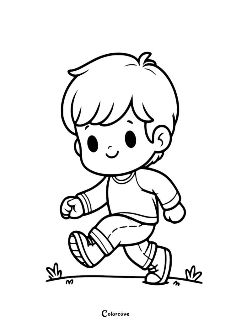 A simple coloring page of a cute young boy with short hair walking happily across a grassy field.