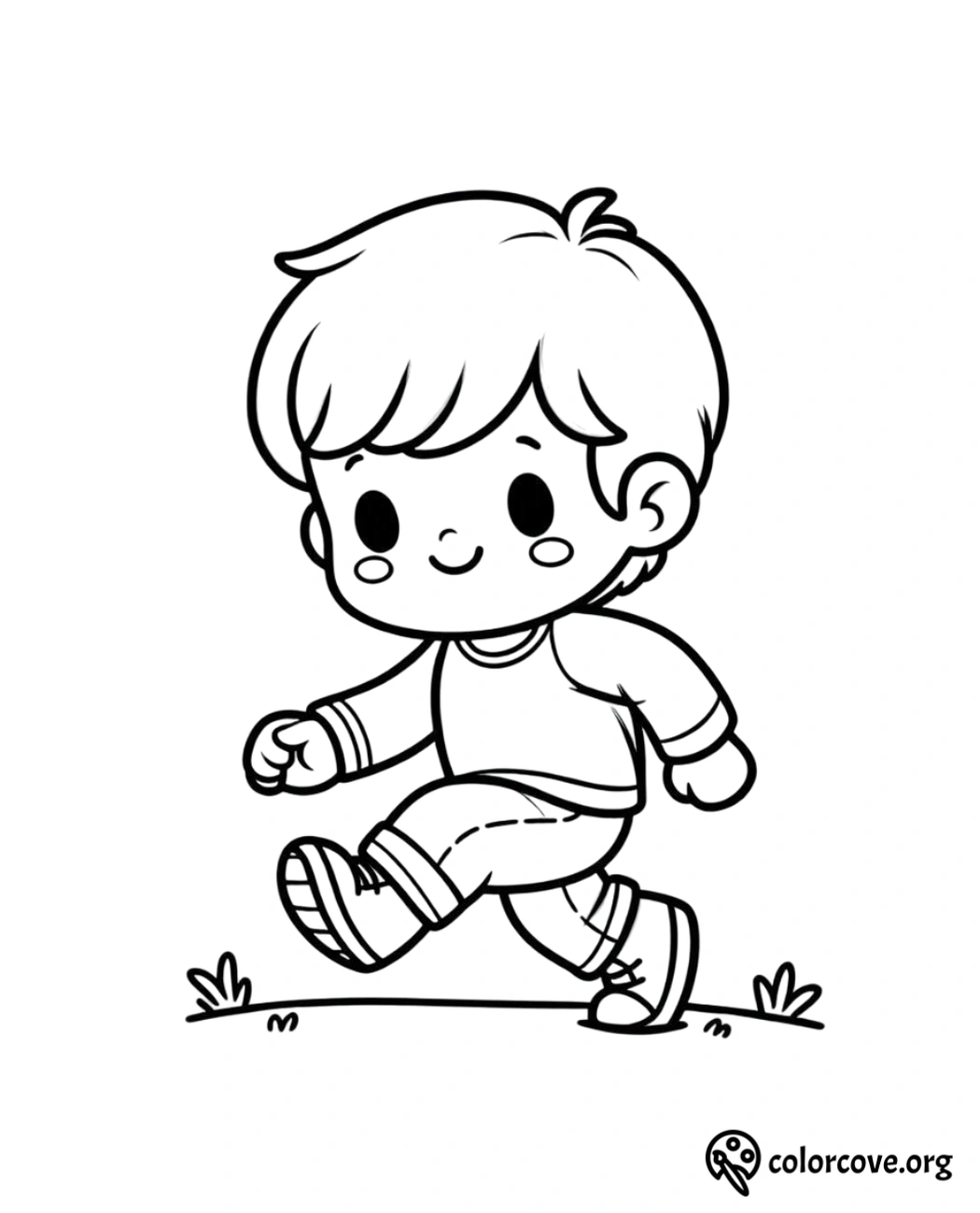 Coloring page of a happy, smiling child walking and wearing casual clothes. Ideal for children's activities and creativity.