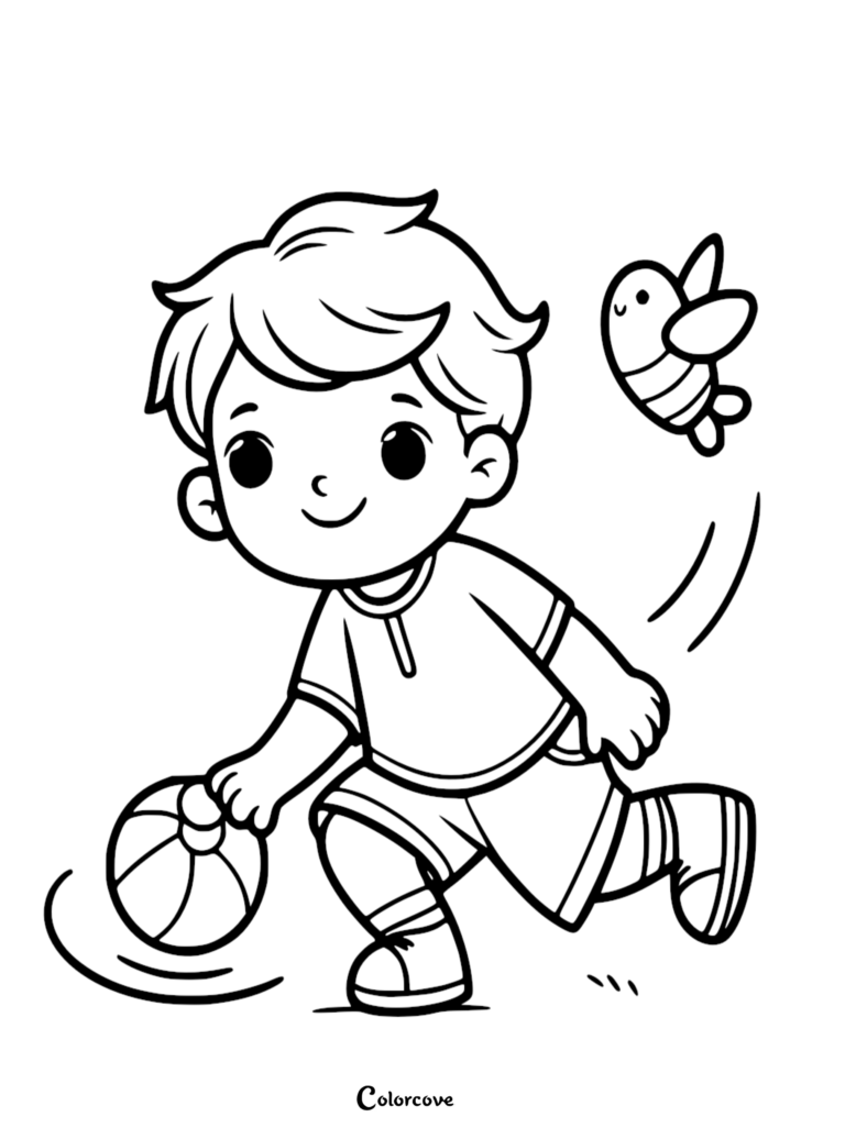A simple coloring page featuring a young boy dribbling a striped ball while a friendly cartoon bee flies nearby.