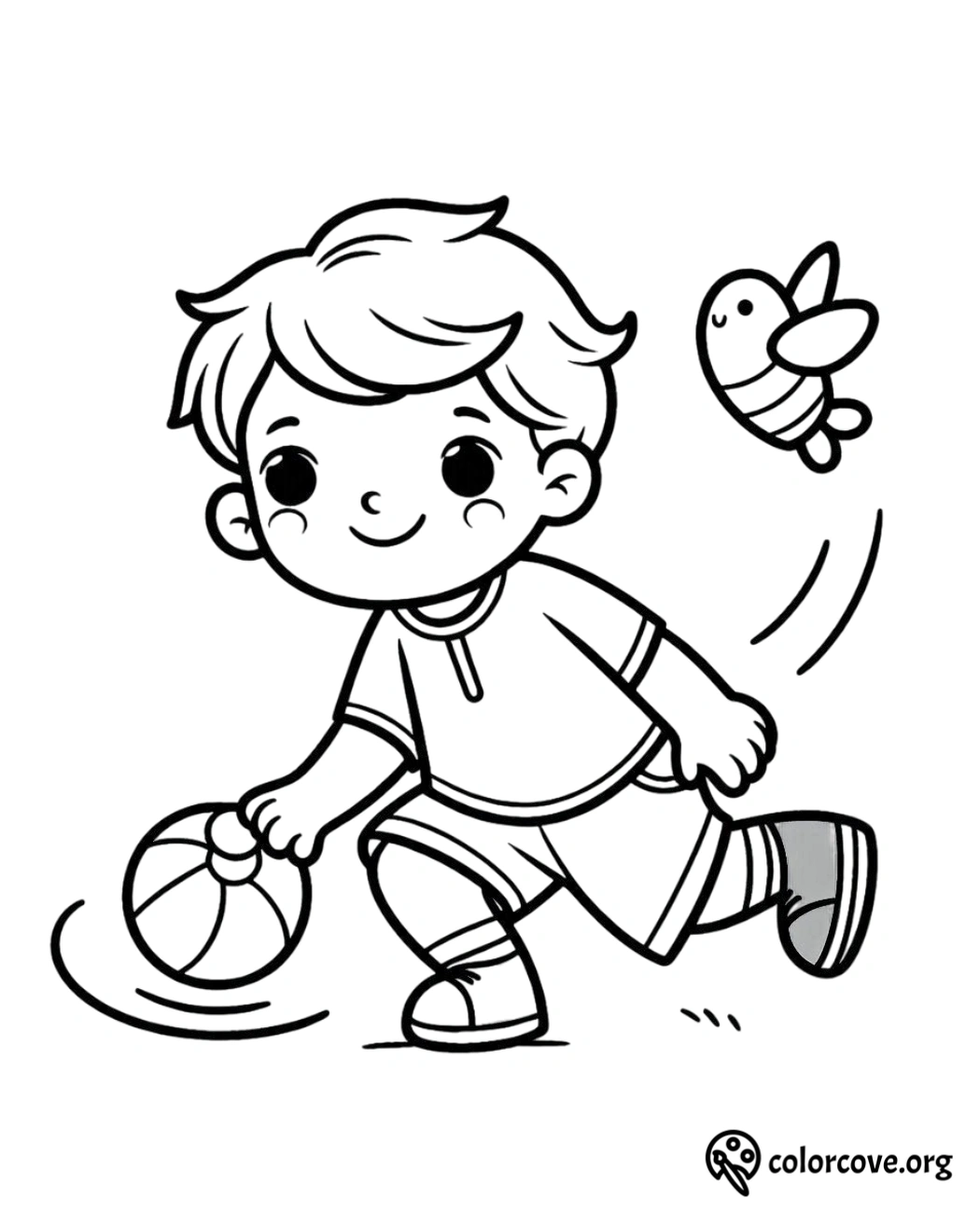 Boy playing with a ball coloring page with a flying bee beside him, perfect for kids to color and have fun.