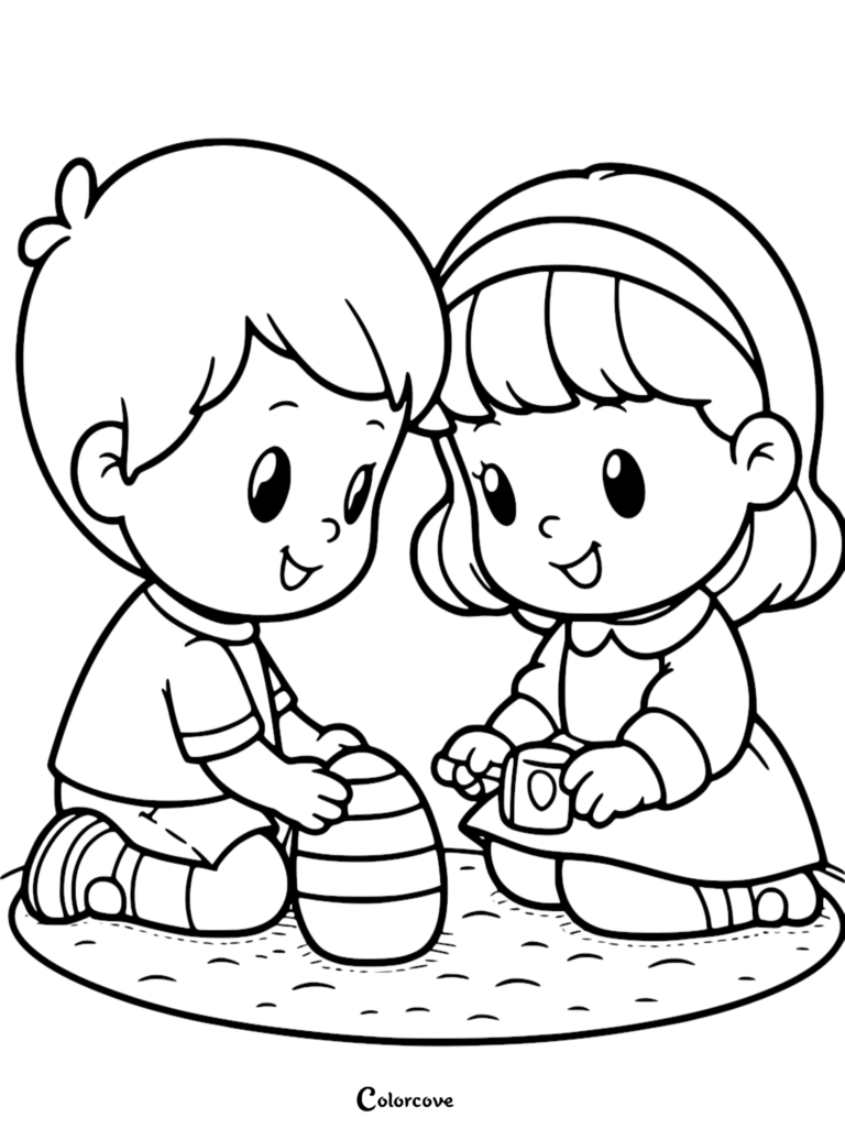 A simple coloring page featuring a young boy and girl sitting on a rug playing with a stacked ring toy and a small cup.