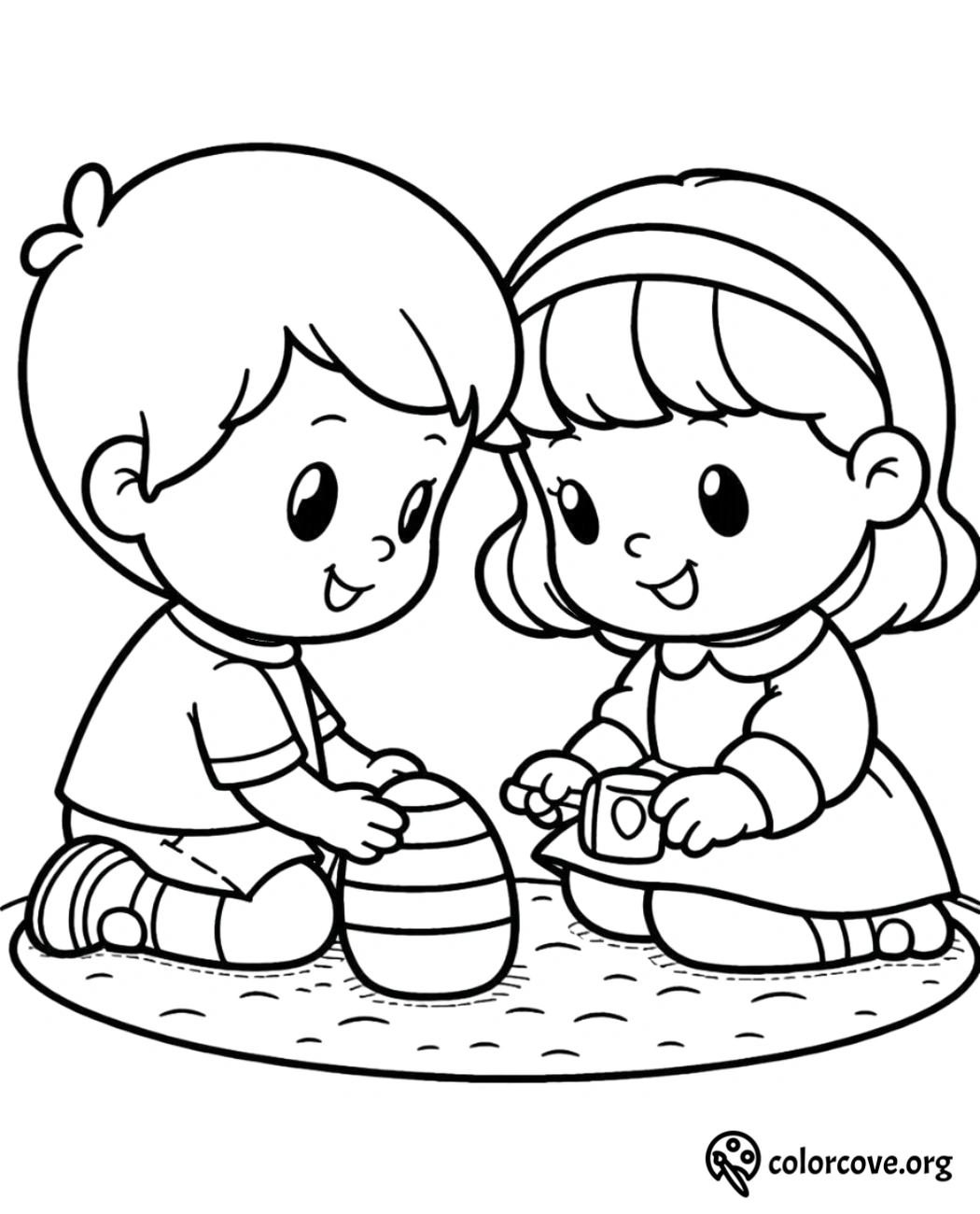 Children coloring page: boy and girl playing with Easter egg and paintbrush, perfect for kids' activities and crafts.