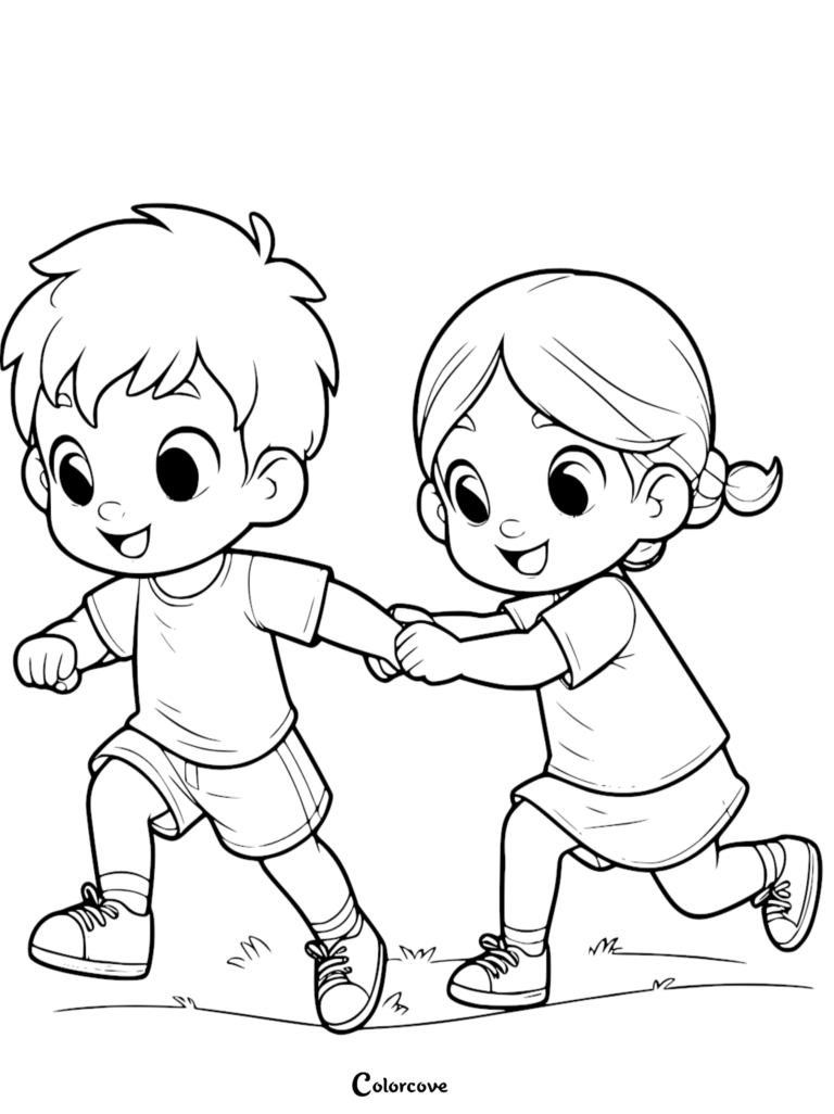 A simple line art coloring page featuring a young boy and girl holding hands and running together outdoors.