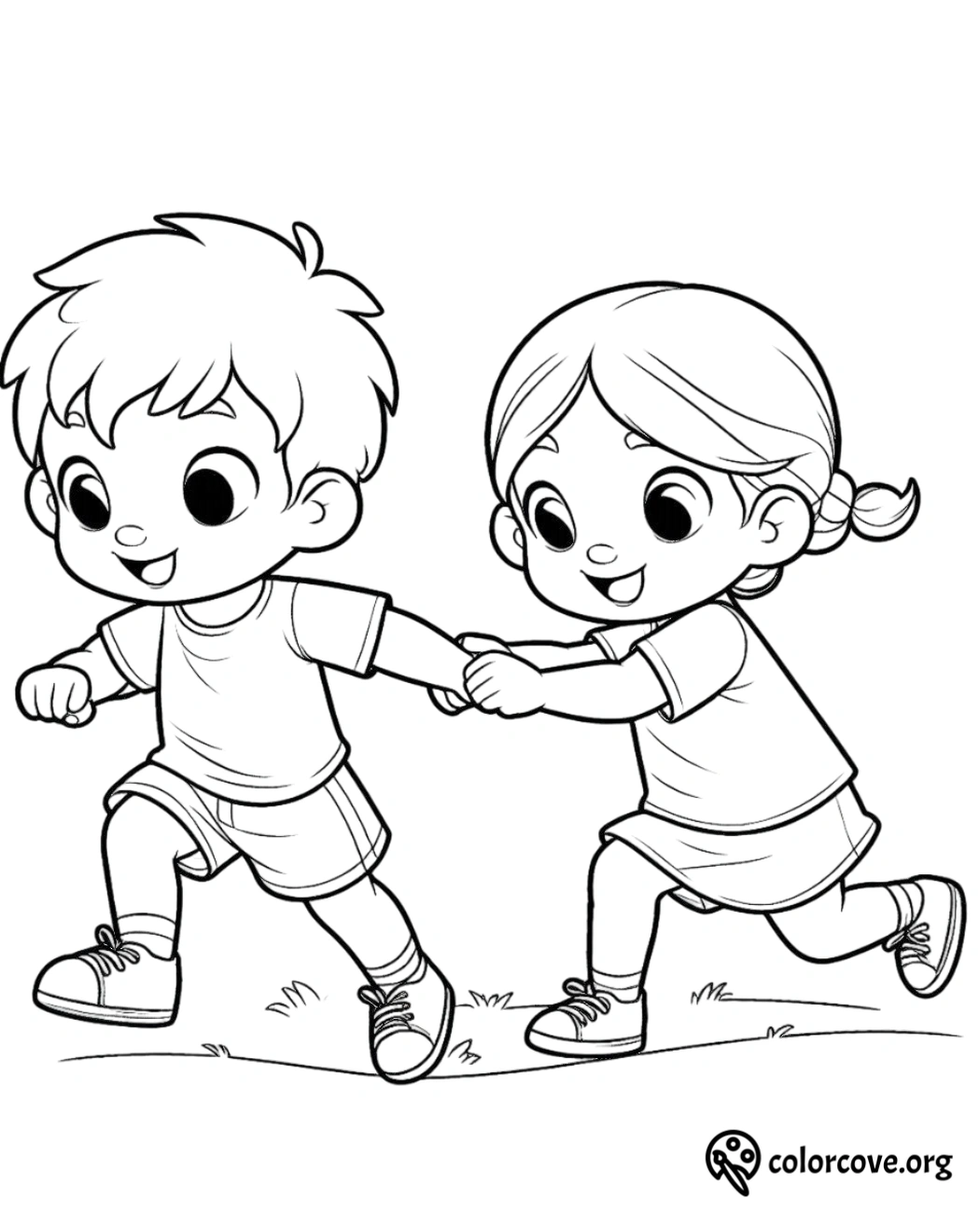 Coloring page of two happy kids holding hands and running outside. Perfect for children's activity and creativity.