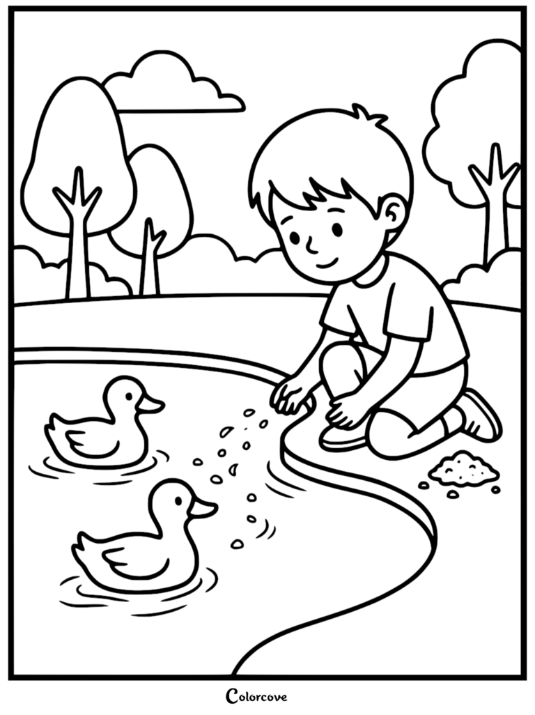 A young boy kneeling by a pond edge, scattering birdseed to two swimming ducks in this printable coloring page.