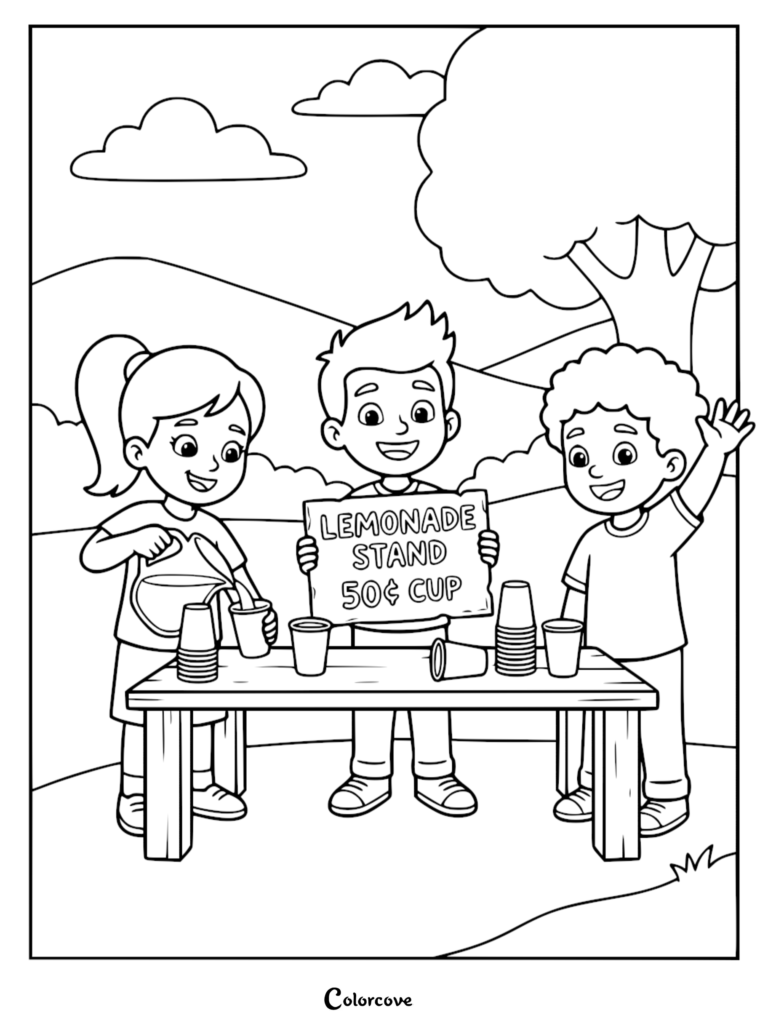 Three children operating a lemonade stand outdoors, with a girl pouring lemonade into a cup, a boy holding a sign, and another boy waving, in a printable coloring page.