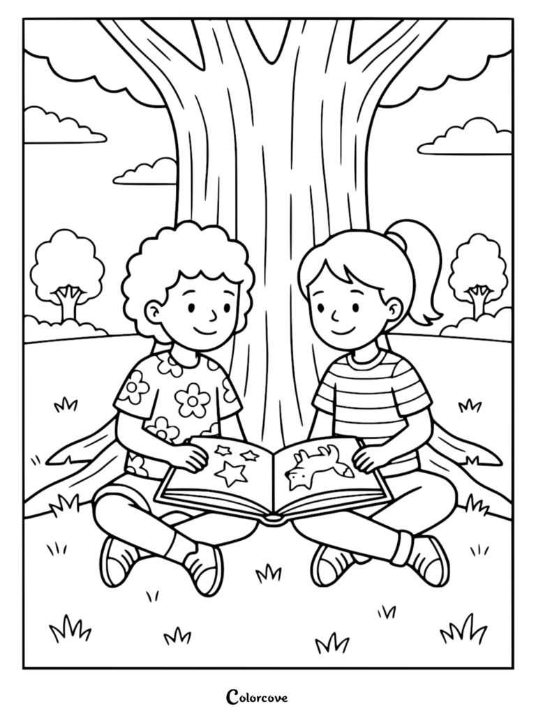 A boy and a girl sitting under a large tree reading a book together in this free kids coloring page.