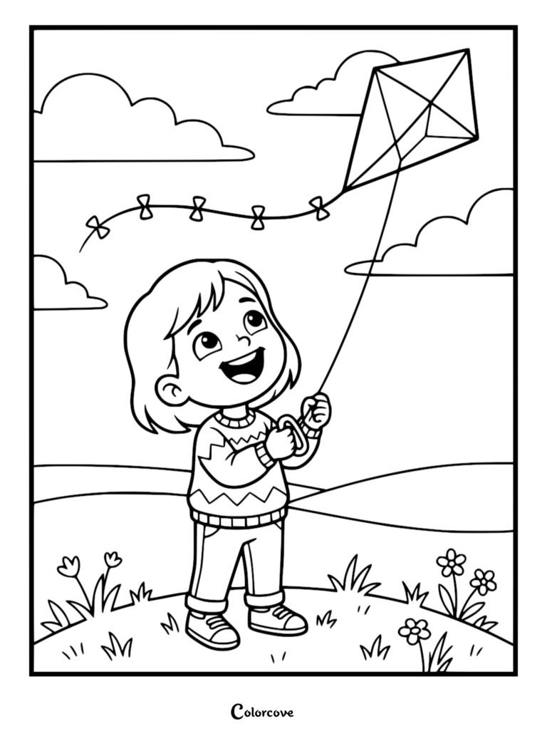 A happy young girl in a patterned sweater flying a diamond-shaped kite in a grassy field, printable coloring page.