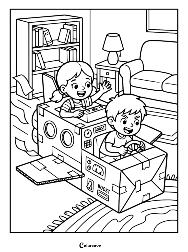 A girl and boy sitting in a DIY cardboard spaceship coloring page, with the boy steering and the girl waving in a living room.