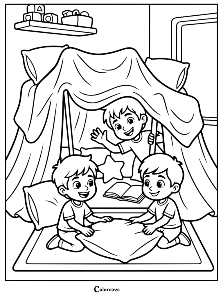 Three young boys sitting inside a cozy blanket fort, one waving while two others play with a pillow, printable coloring page.