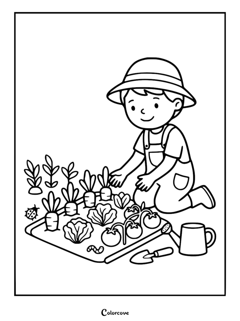 A young boy wearing a sun hat and overalls kneeling in a garden, tending to carrots, lettuce, and tomatoes, with a watering can and trowel nearby, in this printable coloring page.