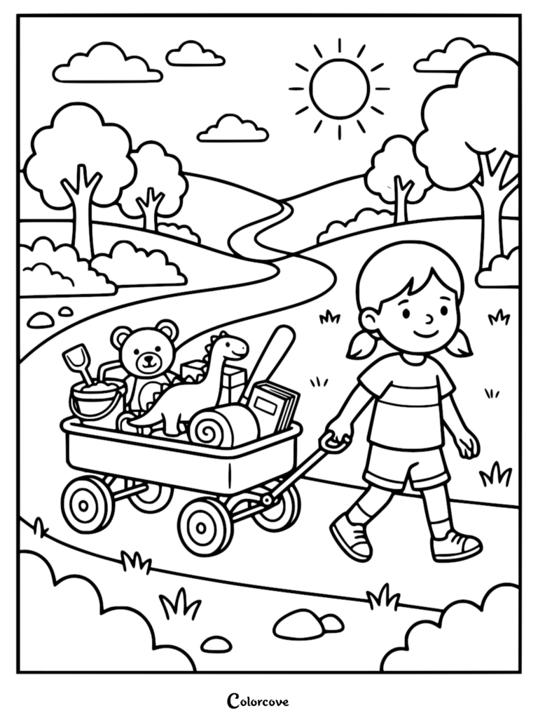 A girl with pigtails pulling a red wagon filled with a teddy bear, dinosaur toy, and books on a sunny path coloring page.