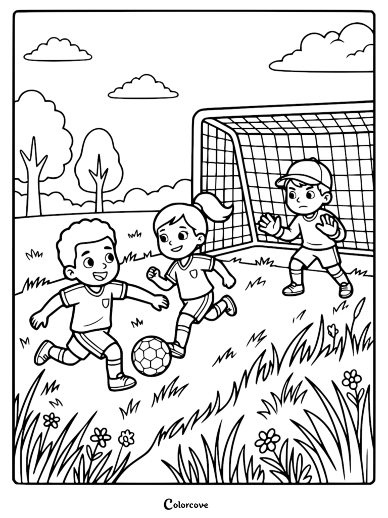 Two children playing soccer on a field with a goalkeeper in front of the net, printable coloring page.