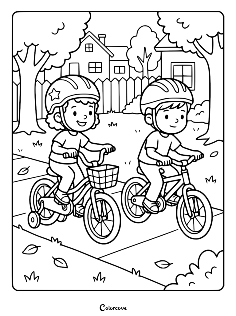 A coloring page featuring a young girl with a star-adorned helmet and a boy with a plain helmet riding bicycles on a sidewalk in front of suburban houses.