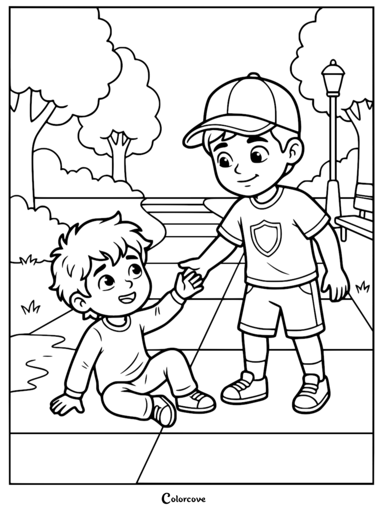 A boy in a baseball cap helping a younger child stand up on a park sidewalk in this printable coloring page.