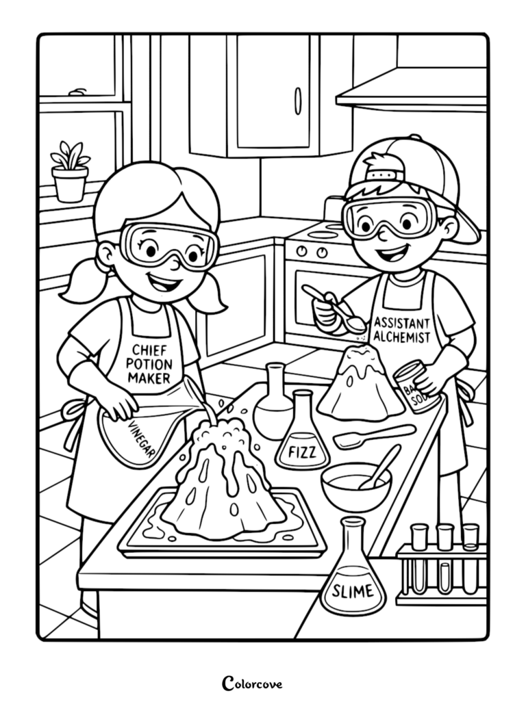 A girl and boy wearing safety goggles and aprons performing a volcano science experiment in a kitchen, printable coloring page.