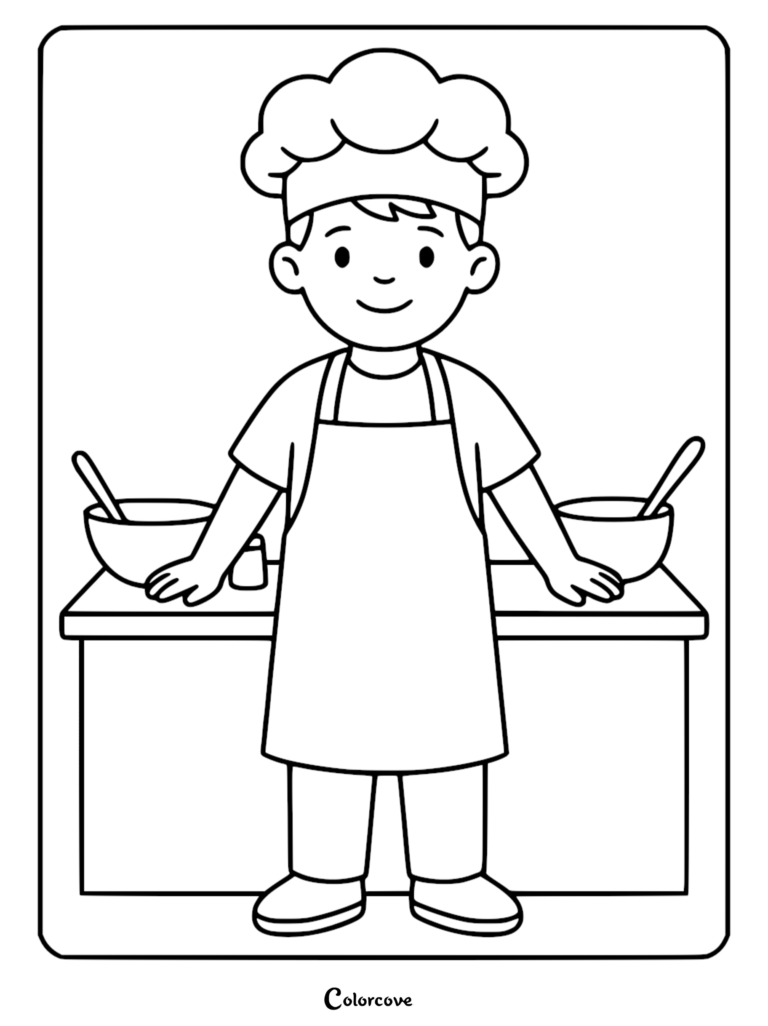 A young boy wearing a chef hat and apron standing behind a kitchen counter with mixing bowls, printable coloring page.