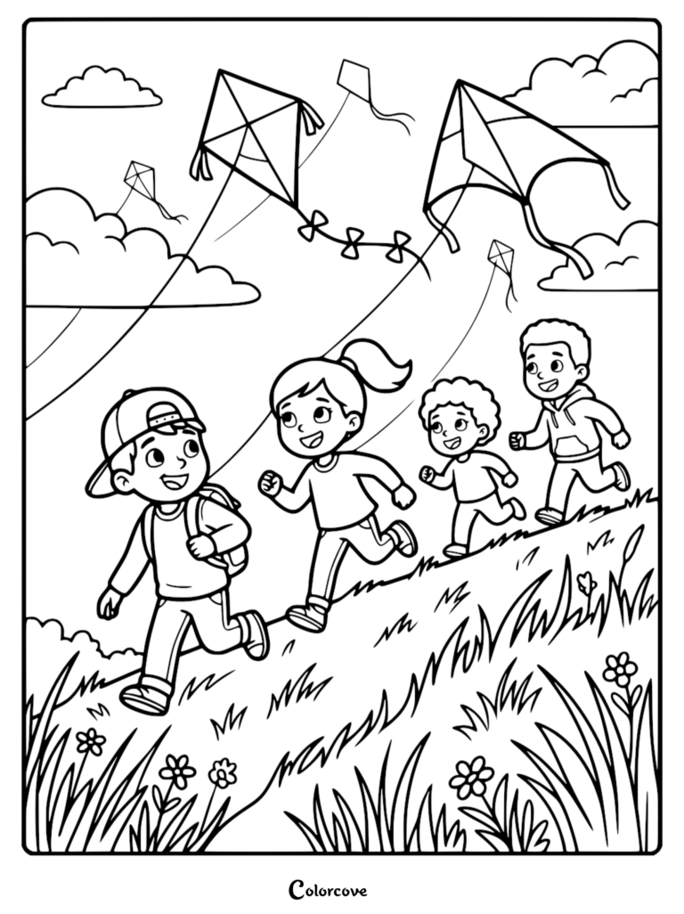 Four diverse children running up a grassy hill while flying kites in a cloudy sky, printable coloring page.