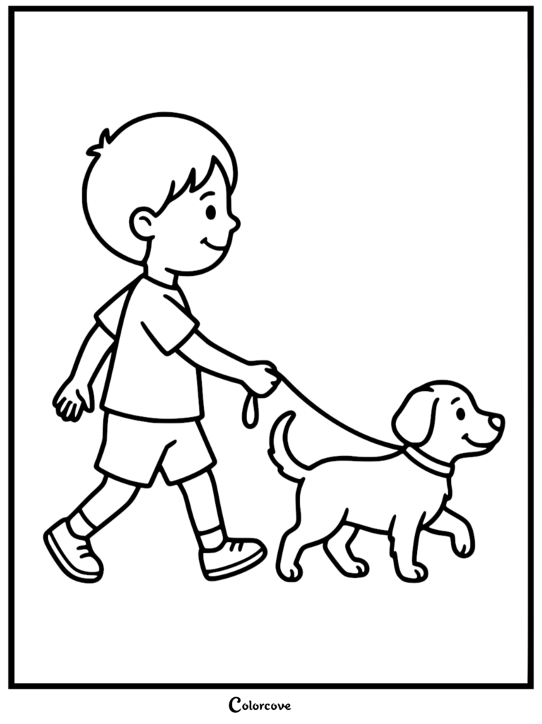 A young boy wearing a t-shirt and shorts walking a small puppy on a leash in this simple line art coloring page.