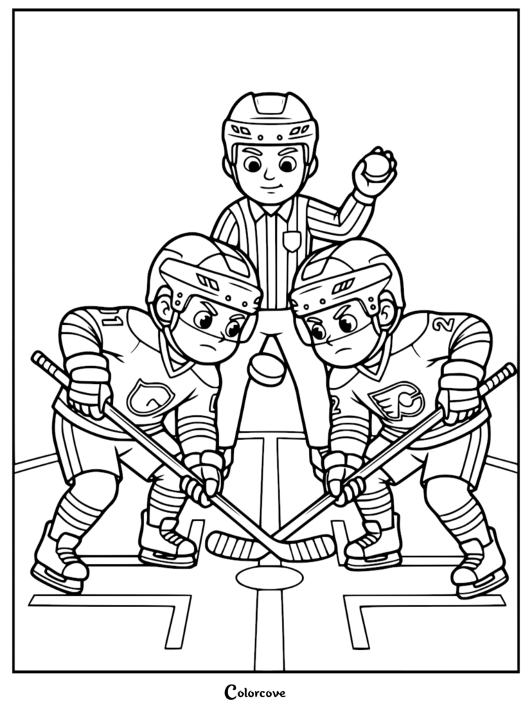 Two young hockey players in jerseys facing off at center ice with a referee dropping the puck in this detailed coloring page.