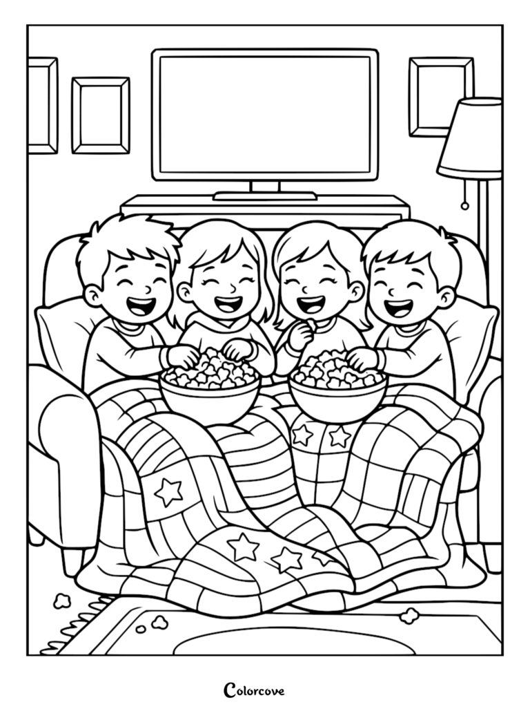 Four happy children sitting on a couch under a star-patterned blanket eating popcorn from bowls, a printable coloring page.