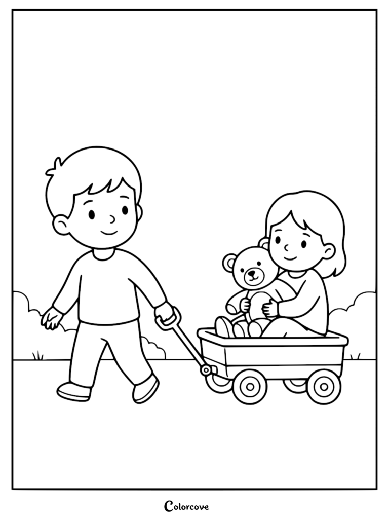 A boy pulling a wagon with a girl and her teddy bear inside, line art coloring page.