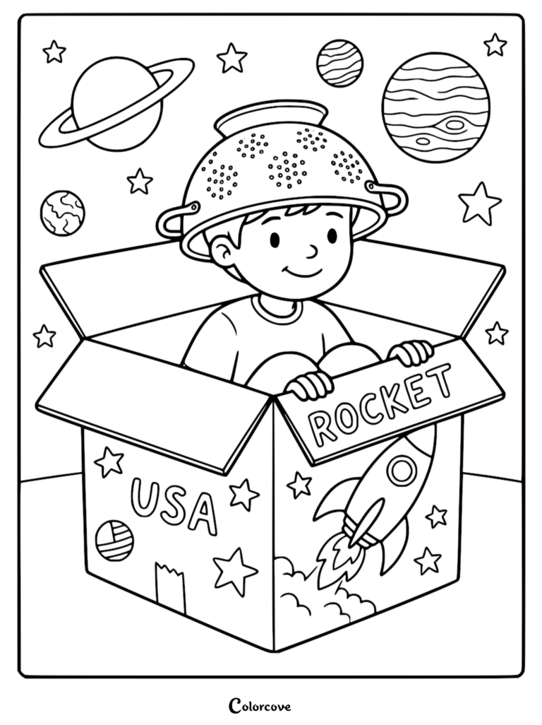 A boy wearing a colander as a helmet sits inside a cardboard box labeled Rocket, featured in this space-themed coloring page with planets and stars.