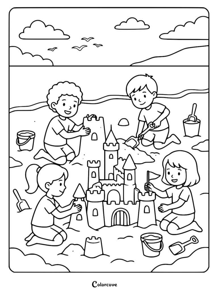 Four children playing on a beach building a large sandcastle with buckets and shovels in this printable coloring page.