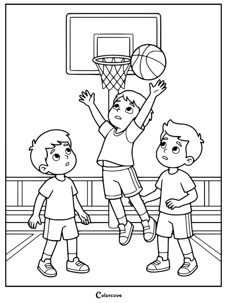 Three young boys playing basketball on an indoor court, with one boy jumping to shoot the ball into the hoop, printable coloring page.