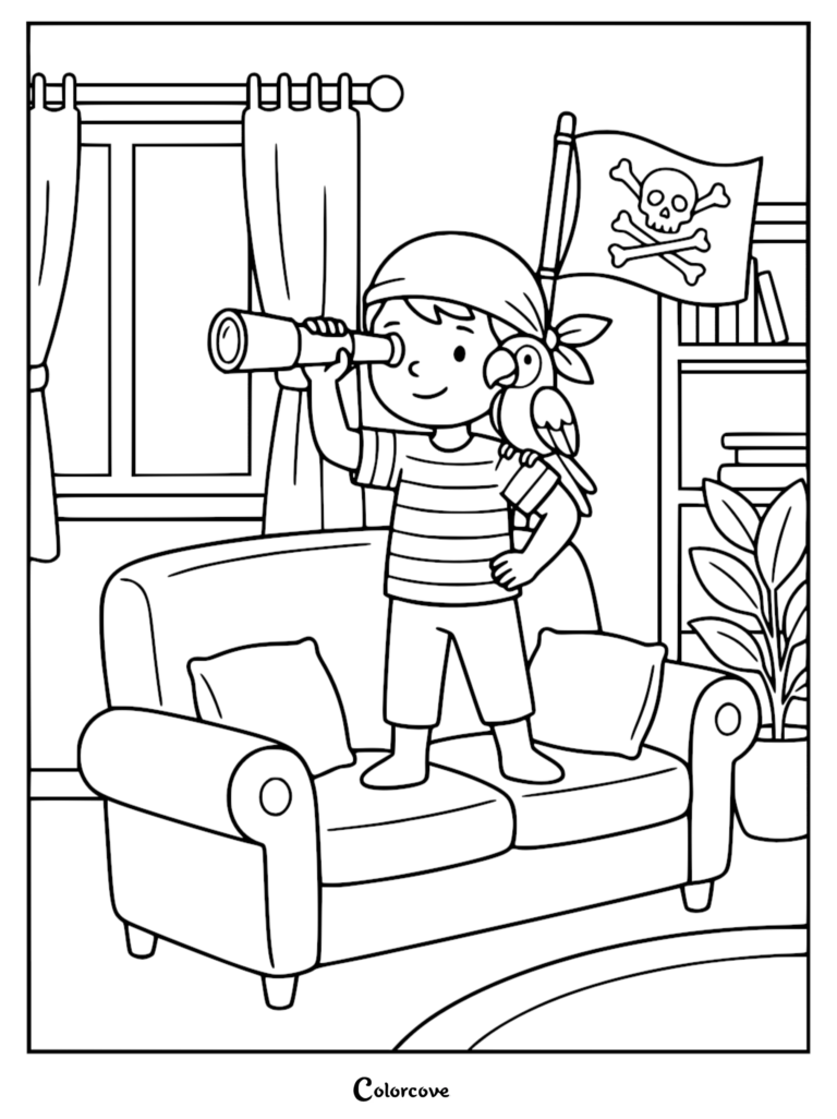 A young boy wearing a bandana and striped shirt standing on a sofa using a telescope with a parrot on his shoulder, pirate flag in the background, printable coloring page.