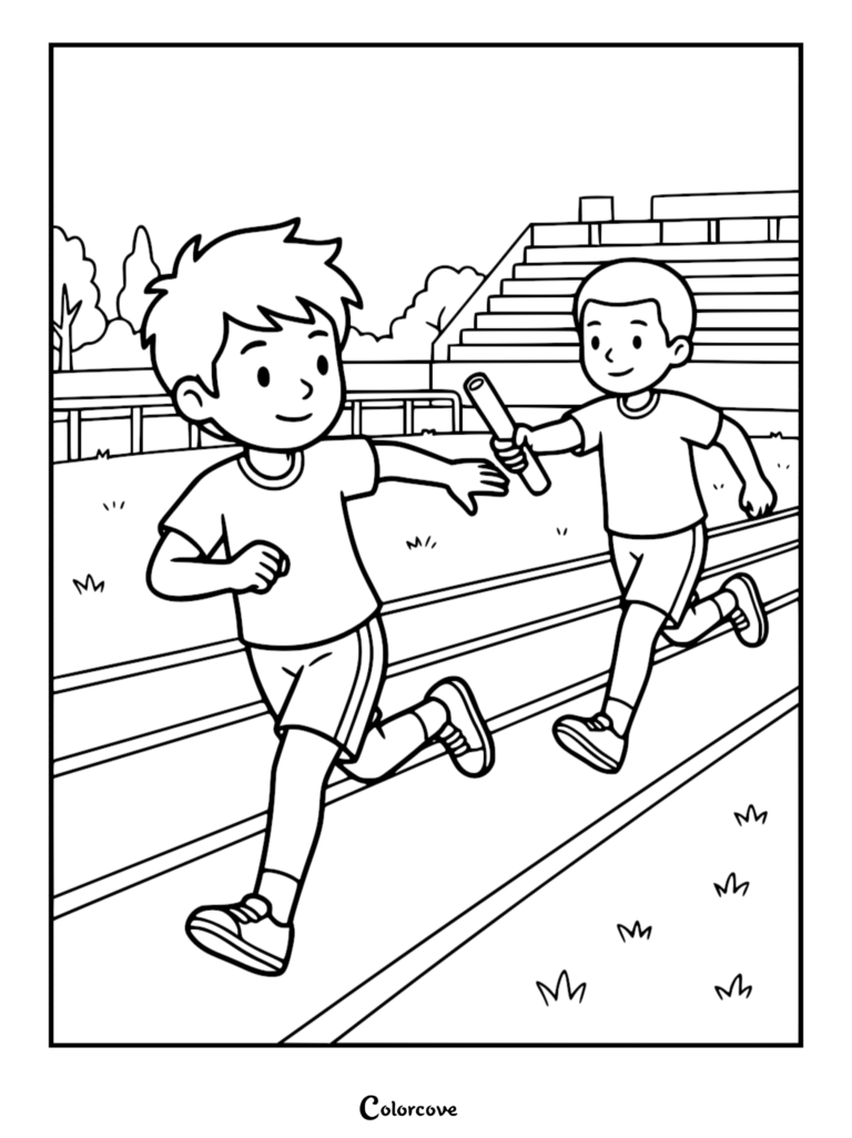 Two young boys running on a track field passing a baton in a relay race coloring page.