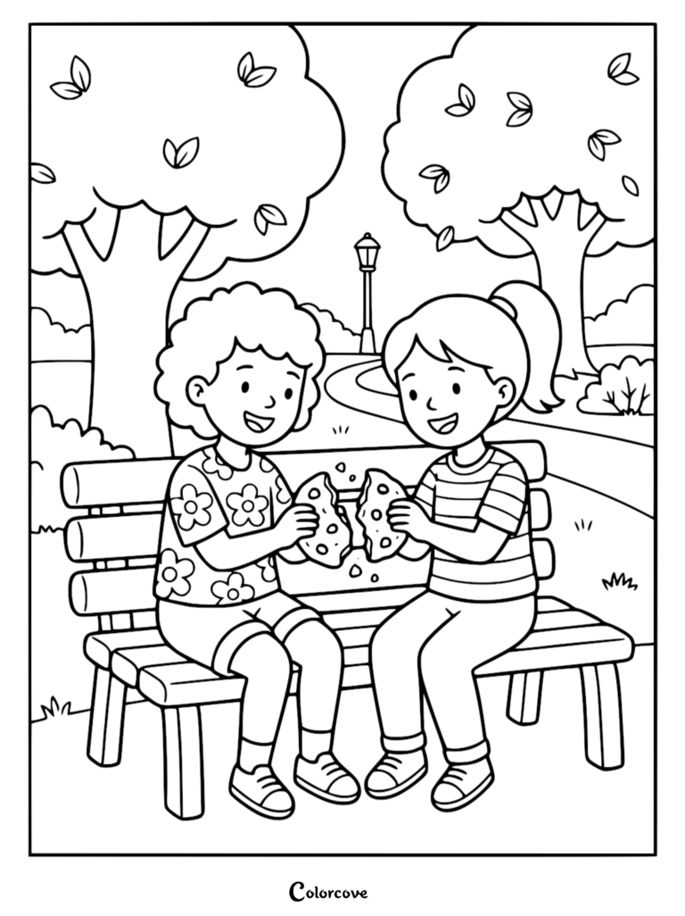 Two children with curly and ponytail hairstyles sitting on a park bench breaking a large chocolate chip cookie in half, line art coloring page.
