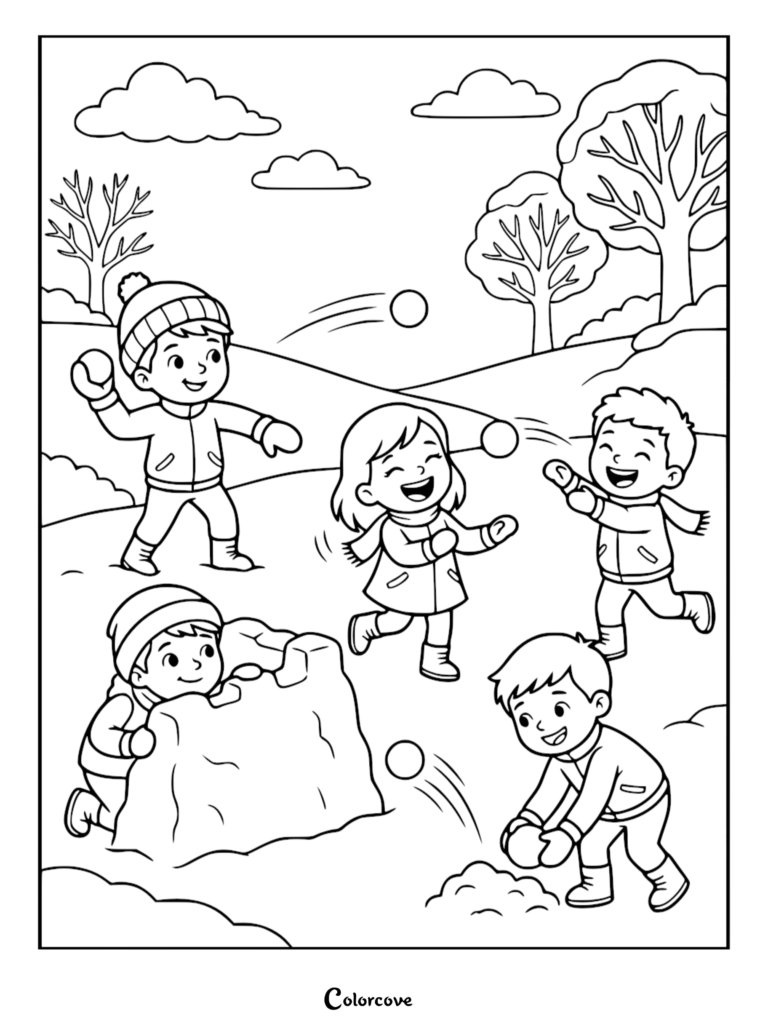 Five children wearing winter hats and coats playing in a snowy park, throwing snowballs and hiding behind a snow fort in this printable coloring page.