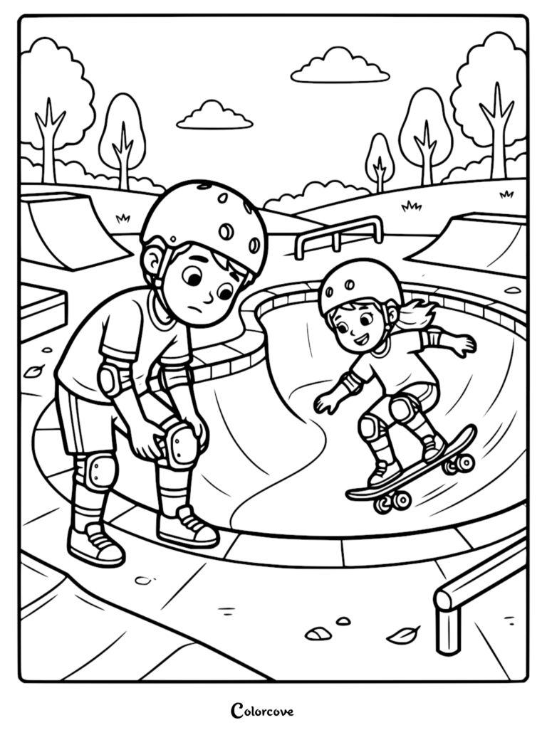A boy in a helmet watches a girl skateboarding in a concrete bowl at a skate park, printable coloring page.