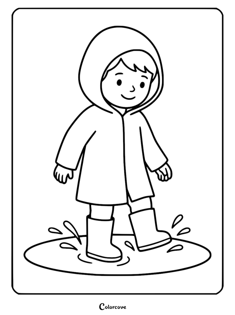 A happy child wearing a hooded raincoat and rubber boots jumping in a puddle, line art coloring page.