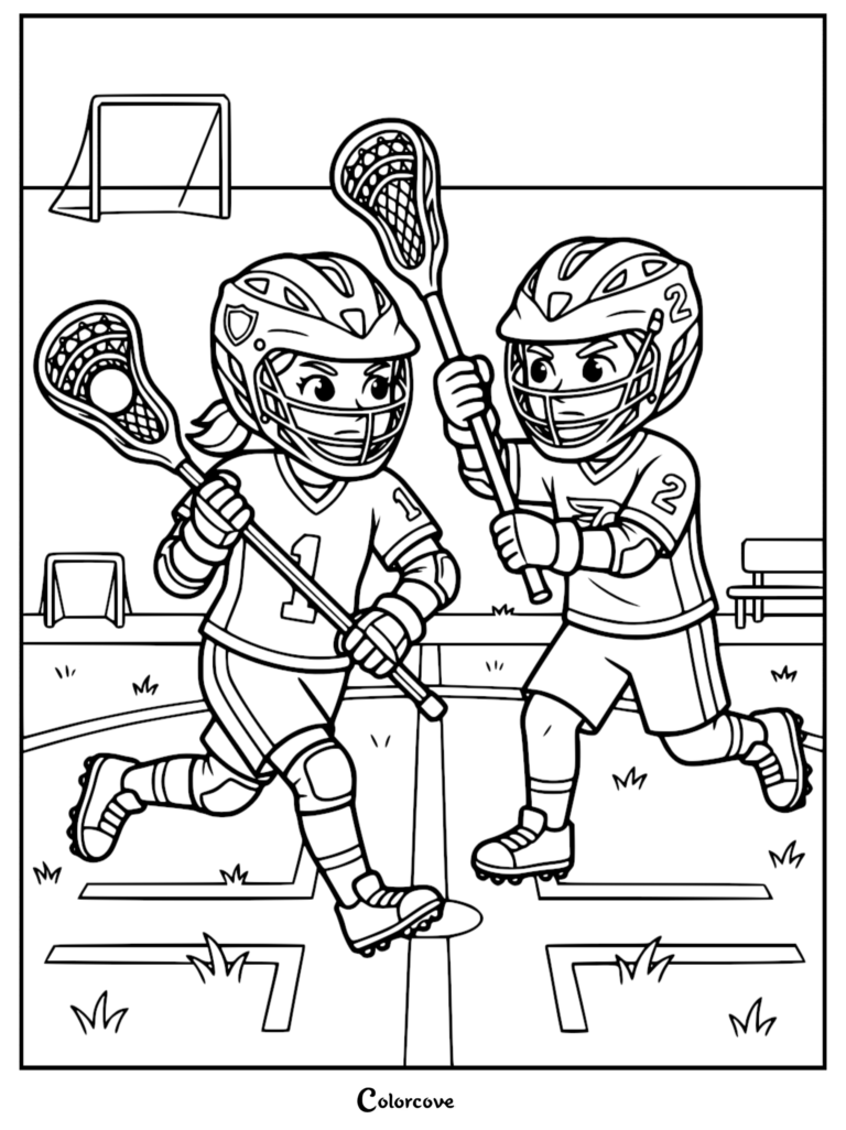 Two children in helmets and jerseys playing lacrosse on a field, line art coloring page.