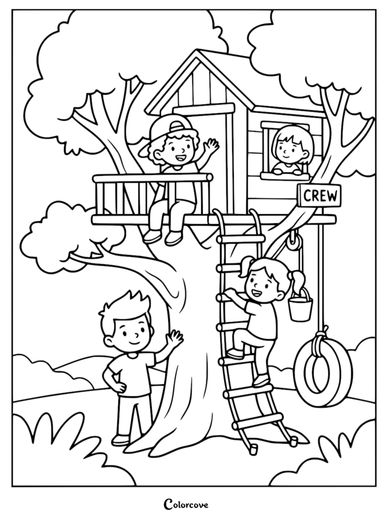 A group of four children playing in and around a wooden treehouse, with one boy in a cap on the deck, a girl climbing the ladder, and a tire swing, printable coloring page.