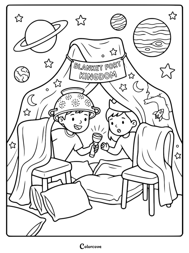 A boy wearing a colander helmet and a girl with a crown sitting inside a blanket fort with a flashlight, featured in a space-themed coloring page.
