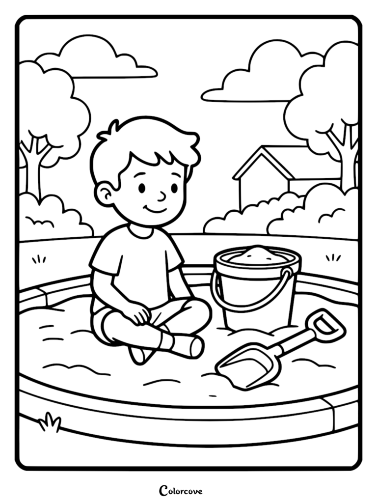 A young boy sitting cross-legged in a round sandbox with a plastic bucket and shovel, printable coloring page.