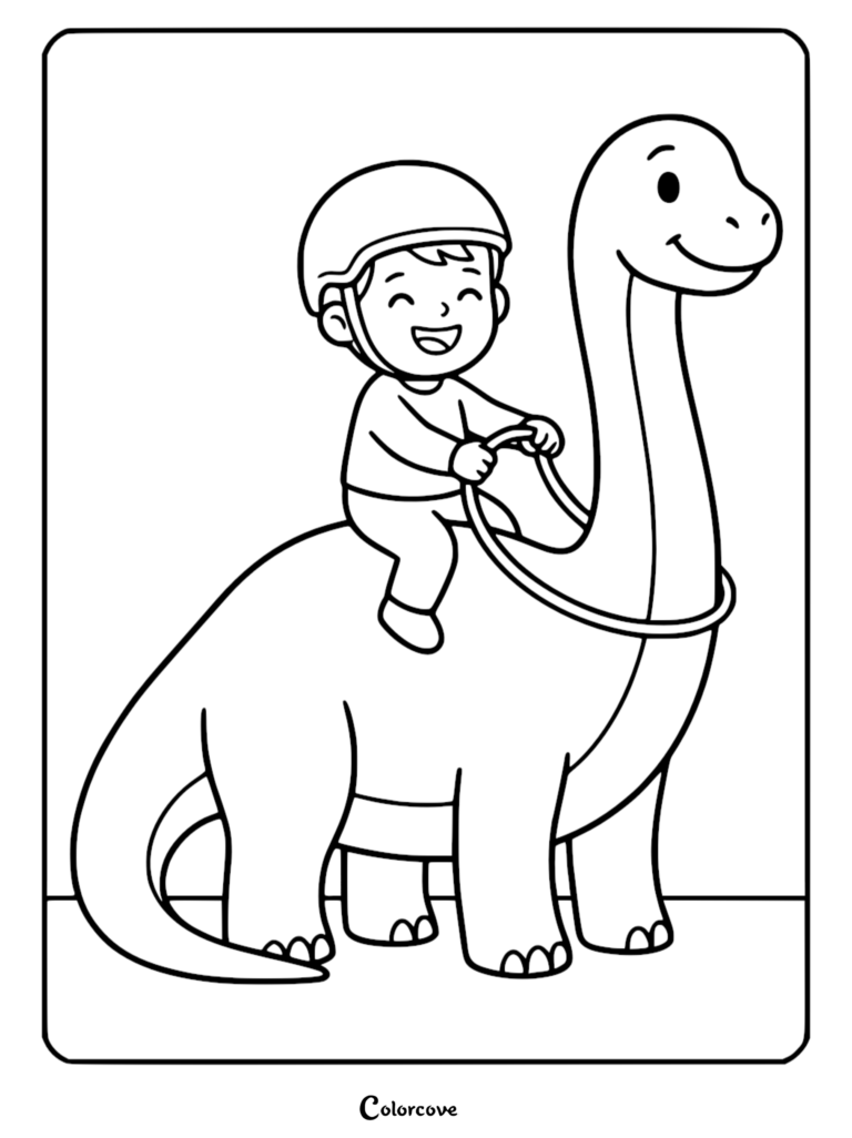 A happy boy wearing a helmet riding a friendly long-necked dinosaur in this free kids coloring page.