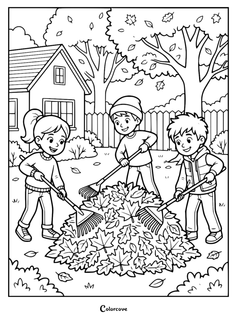Three children raking a large pile of autumn leaves in a backyard, printable coloring page for kids.