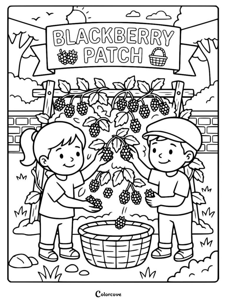 A girl and a boy picking blackberries from a vine into a basket in a blackberry patch coloring page.