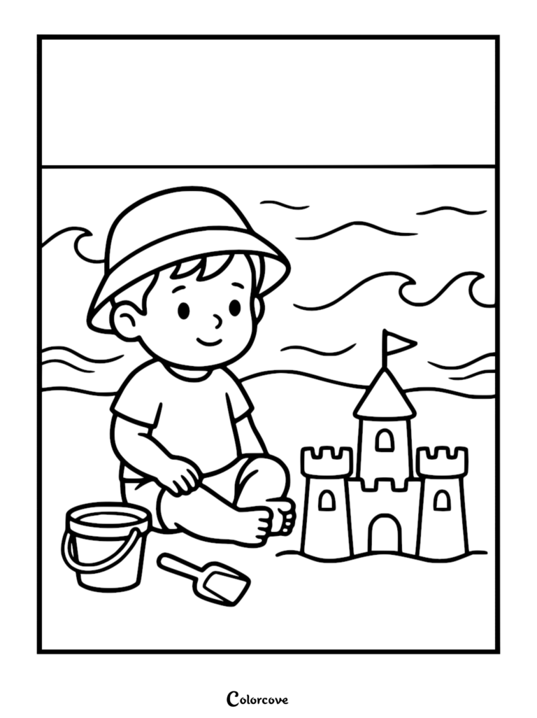 A young boy wearing a sun hat sitting on the beach next to a sandcastle, bucket, and shovel in this printable coloring page.