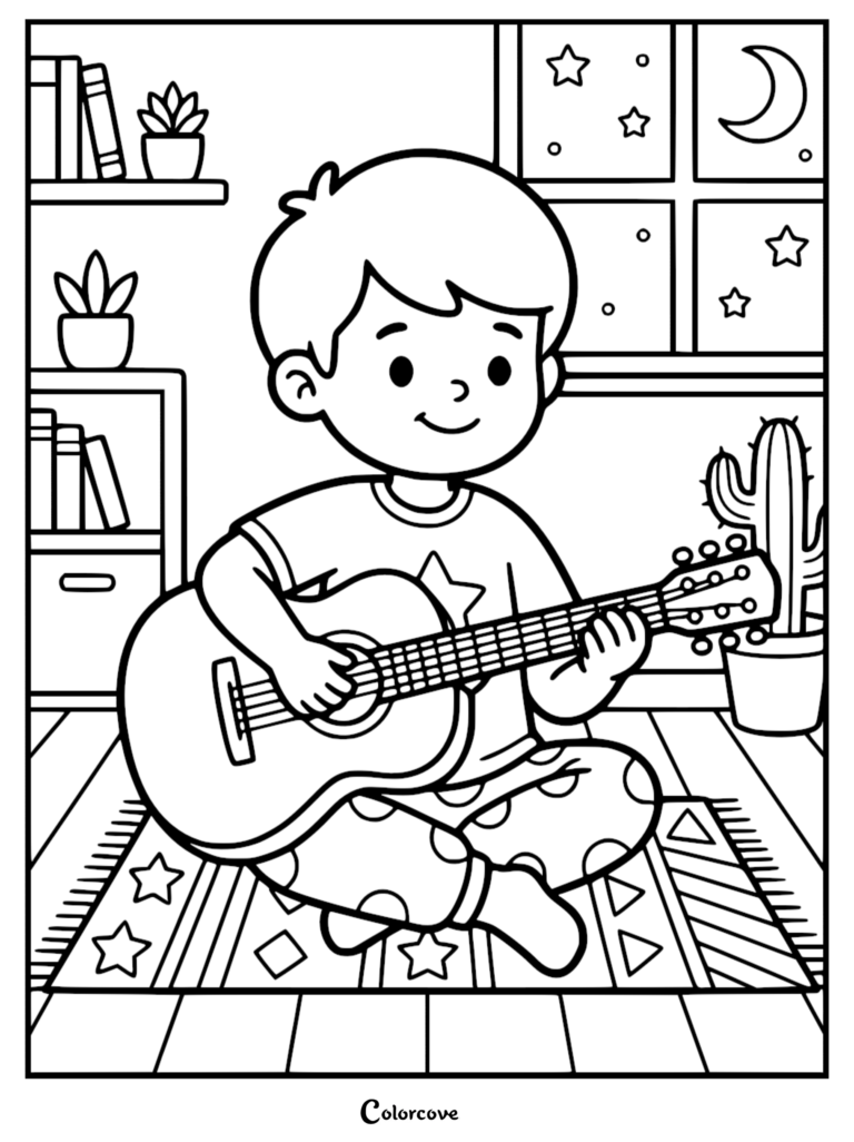 A young boy in polka dot pajamas sitting on a patterned rug playing an acoustic guitar in his bedroom at night, featured as a printable coloring page.
