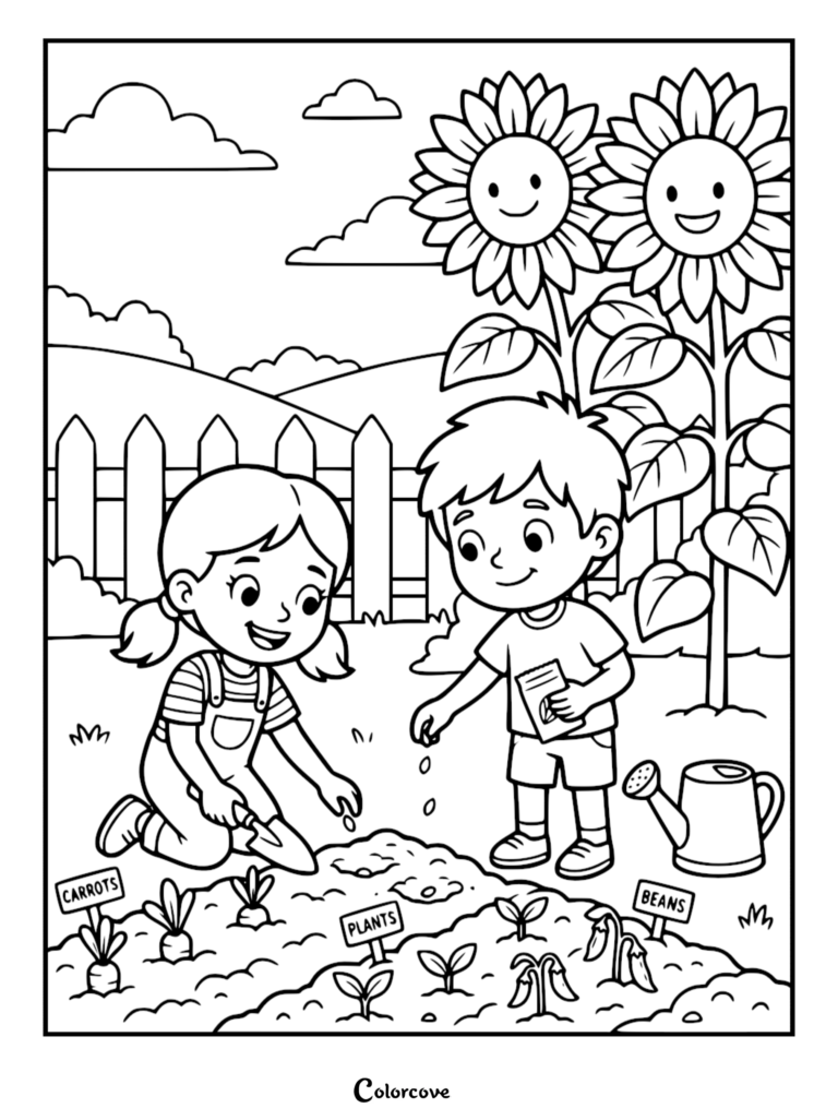 A boy and girl planting seeds in a garden with sunflowers, a watering can, and vegetable labels in this free kids coloring page.