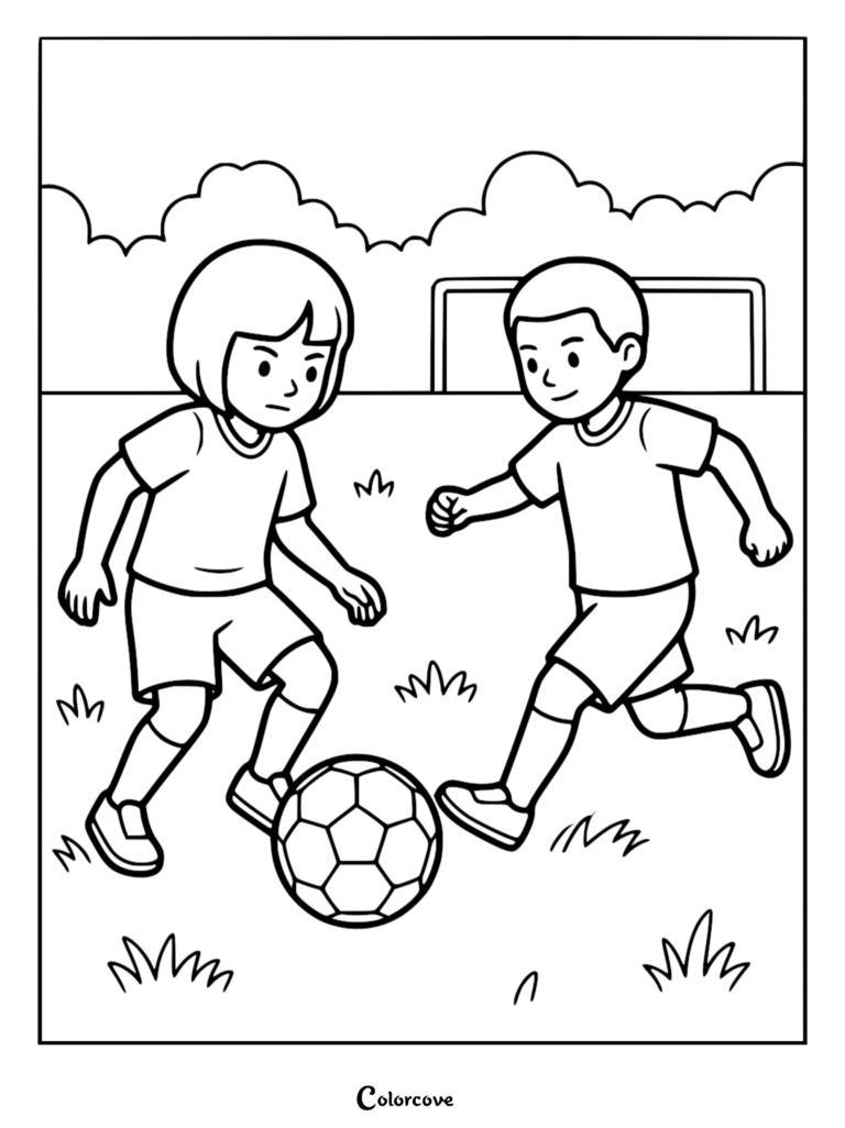 A girl and a boy playing soccer on a field in this free kids coloring page.