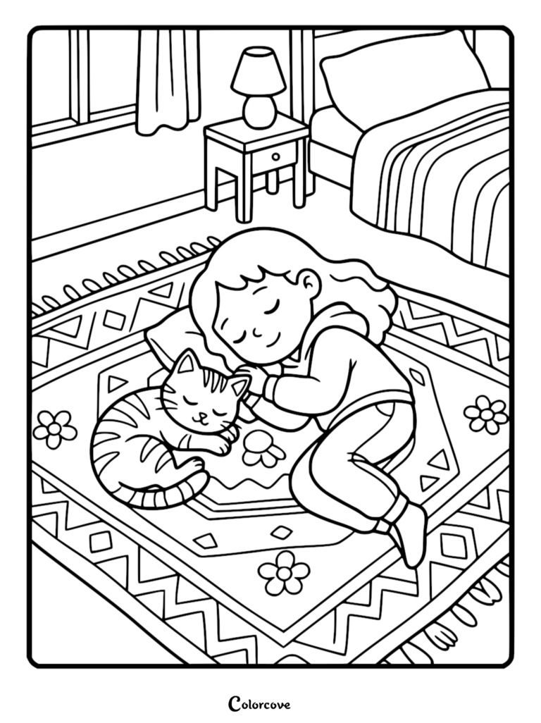 A young girl with wavy hair sleeping peacefully on a patterned rug next to a striped tabby cat, featured in a bedroom coloring page.