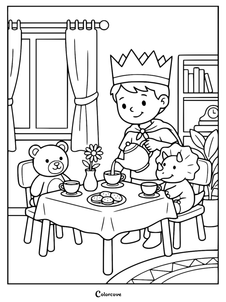 A boy wearing a crown and cape pours tea for a teddy bear and a triceratops at a table in this printable coloring page.