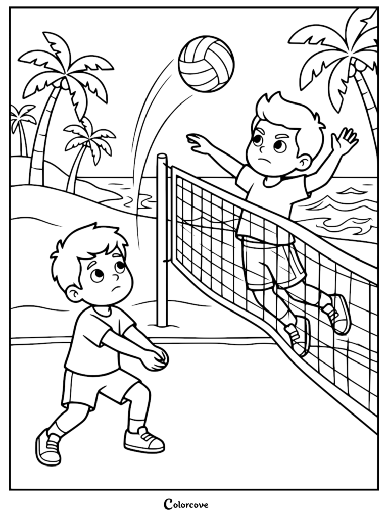 Two boys playing beach volleyball on a sandy court with palm trees in the background, printable coloring page.